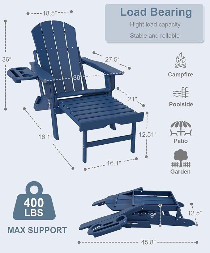 Adjustable Adirondack Chair with Retractable Ottoman Set of 8, HDPE Folding Adirondack Chair with Cup Holder, All Weather Fire Pit Chair for Outdoor.