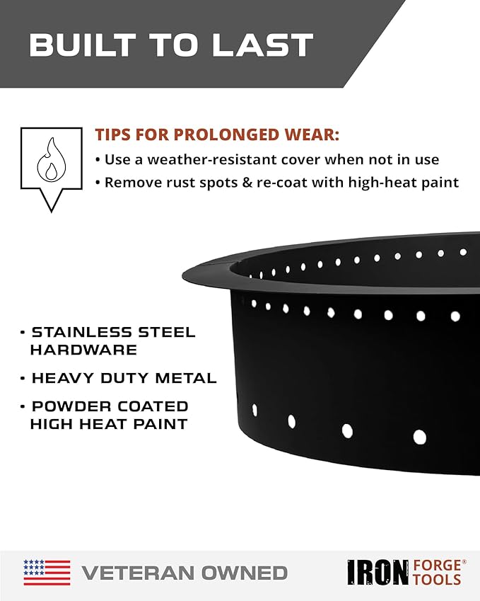 Heavy Duty Metal Smokeless Permanent Fire Pit Ring 30 inch Outer/24 inch Round Fire Pit Insert Liner for Outdoor, Firepits for Outside, Fire Pit Ring (30x24x10 Inch), Patent Pending