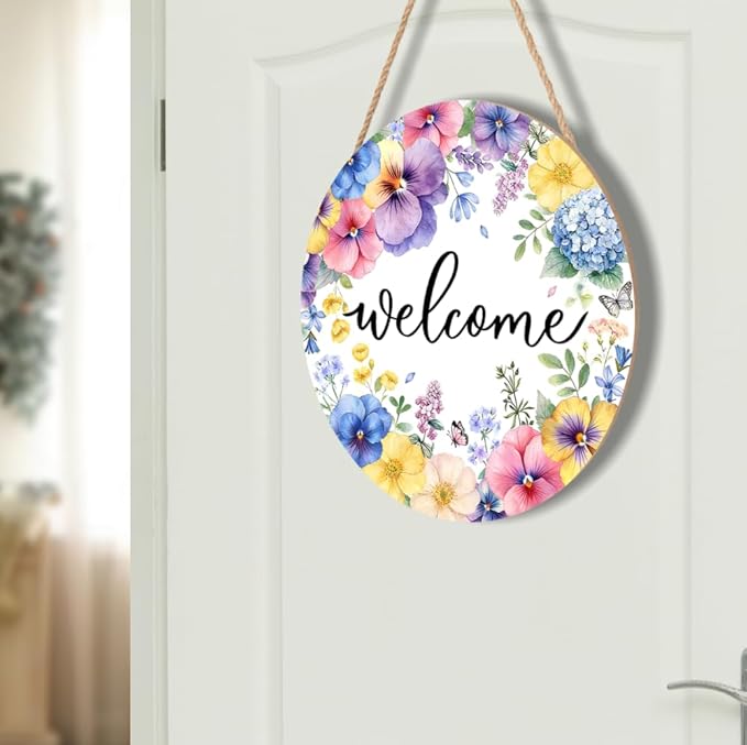 Spring Summer Welcome Door Sign Round 12 X 12 Inches Floral Welcome Wall Pediment Farmhouse Butterfly Spring Sign for Yard Porch Seasonal Summer Decoration