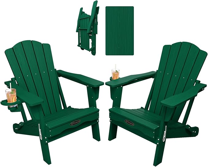 Folding Adirondack Chair Set of 2,HDPE All-Weather Outdoor Chair with Cup Holder,Wooden Textured,Fire Pit Chair,Plastic Patio Chair for Deck,Backyard,Garden,Lawn(Green)