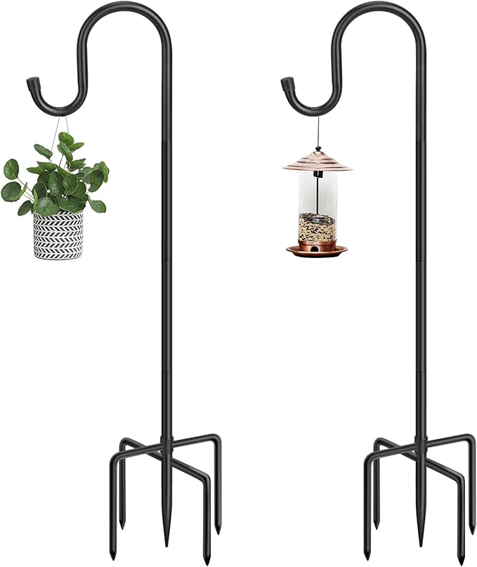 48 Inch Shepherds Hooks for Outdoor, Heavy Duty Bird Feeder Pole with 5 Prong Bases, Garden Hanging Stake for Bird Feeder, Solar Light, Plant Hanger, Wedding Decor, Metal Hanger Hooks, Black, 2 Packs