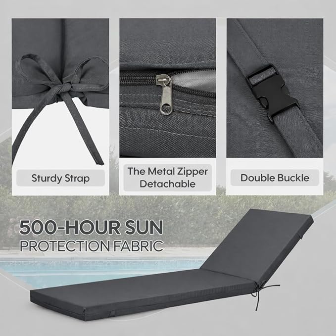 Only choice Outdoor Chaise Lounge Cushion Set of 2, 75" x 24" Lounge Chair Cushion Water-Resistant & Fade-Resistant for Lawn, Pool, Replacement Seat Cushion for Patio (Gray)