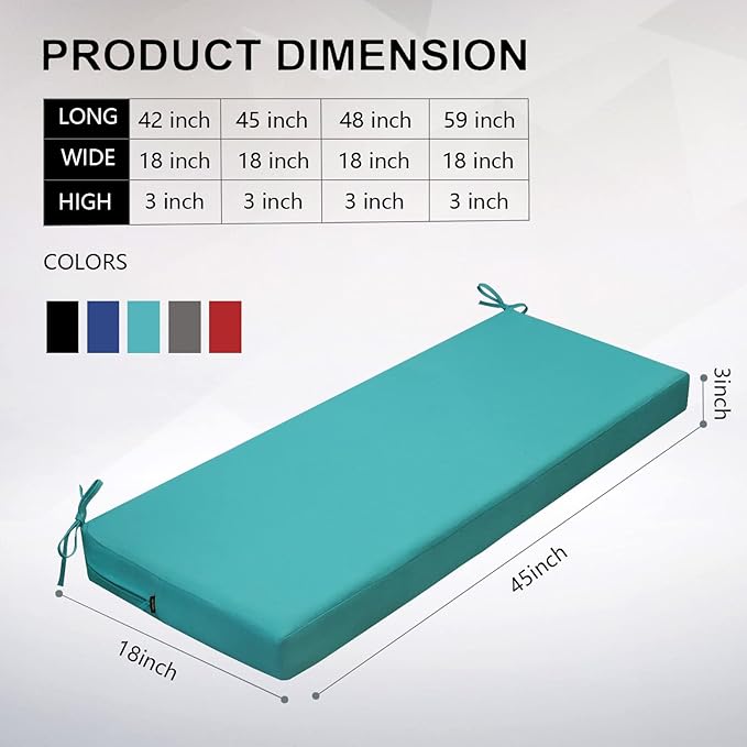 idee-home Outdoor Bench Cushion Waterproof, Bench Cushions for Outdoor Furniture, Patio Porch Swing Replacement Seat Pad with Ties for Garden Backyard, 36 x 18 Inch