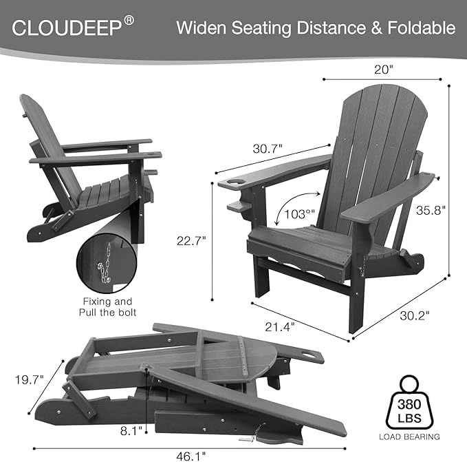 Folding Adirondack Chairs Set of 2, HDPE Fire Pit Chairs Weather Resistant, Composite Foldable Adirondack Patio Chair with Cup Holder and Umbrella Hole, Grey