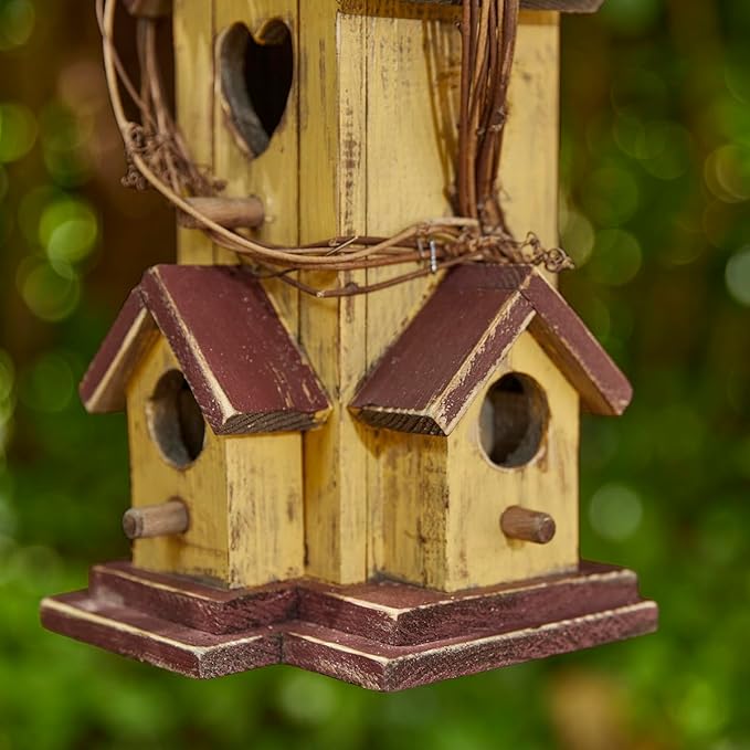 Glitzhome Bird Houses for Outside, Decorative Bird House,11.5"H Distressed Solid Wood Hanging Birdhouses for Outdoors, Hummingbird House Bird Cottage with Rattan for Outdoor Patio Garden,Washed Yellow