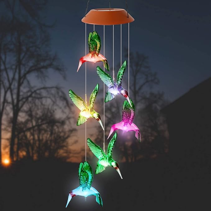 Hummingbird Solar Wind Chimes Color Changing Outdoor LED Solar Chimes Light Birthday Gifts for Women Garden Gifts for Mom Grandma Mothers Day Memorial Wind Chimes Outdoor Decor