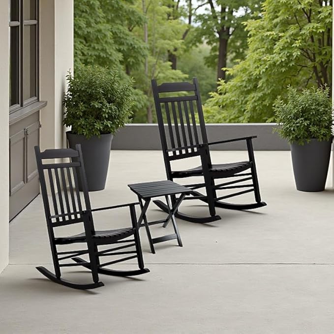 Black Porch Rockers 3 Piece Outdoor Wooden Adults Furniture Set with 2 Rocking Chair and 1 Outdoor Side Table for Patio Lounge Balcony