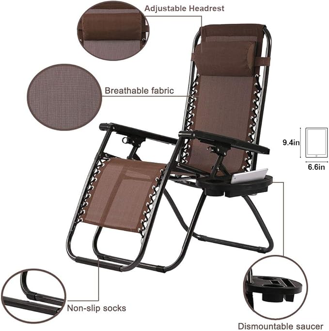Zero Gravity Chairs Set of 2 with Pillow and Cup Holder Patio Outdoor Adjustable Dining Reclining Folding Chairs for Deck Patio Beach Yard (Brown)