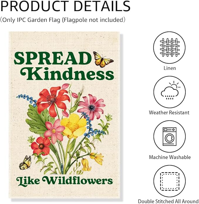 Spread Kindness Like Wildflowers Garden Flag, Funny Floral Yard Sign for Outside, Kindness Lawn Decor, Inclusion Equality Inspirational Human Kind Flags, Welcome Be Kind Yard Sign