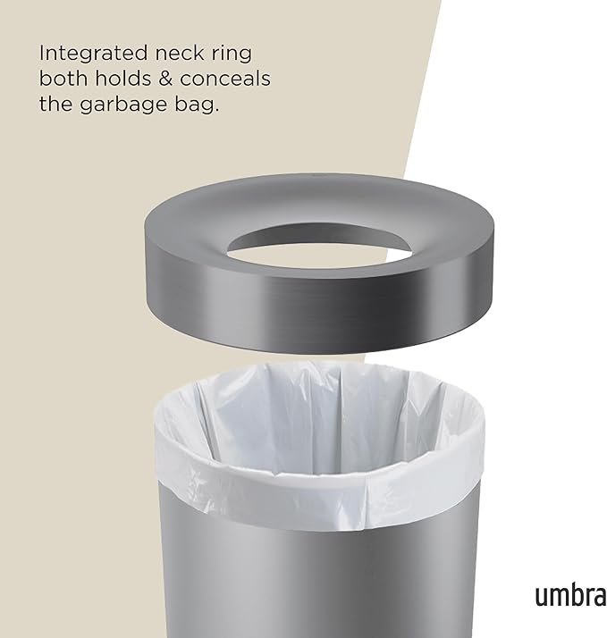 Umbra Vento Kitchen Trash Can with Open Top, Large 16-Gallon (62 L) Capacity, Grey