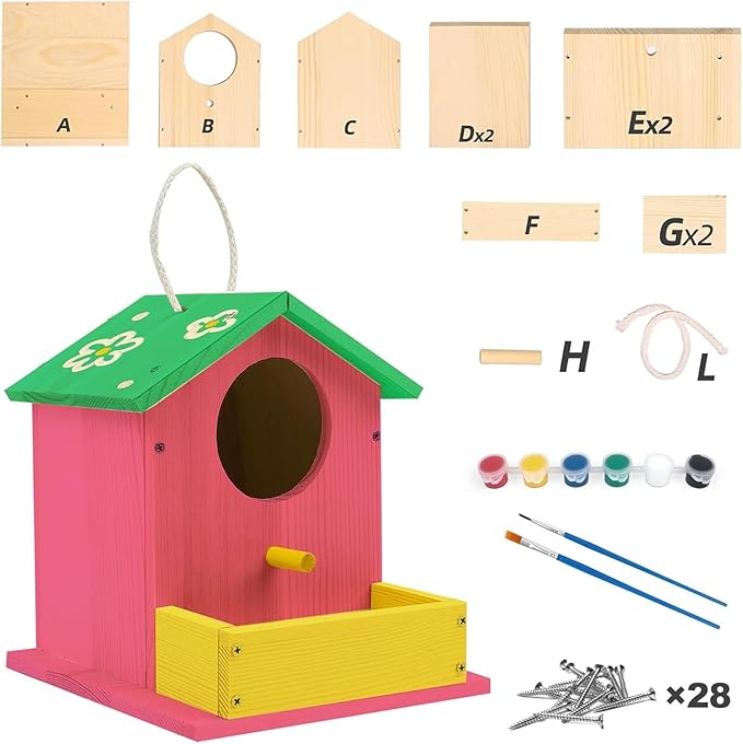 Bird House Kits for Adult, Wooden DIY Birdhouse Kit, Outdoor Woodworking Crafts Freestyle Painting, Arts and Crafts Projects with Paints & Brushes, Hanging Birdhouse for Garden Yard Decor Gifts (1Pcs)