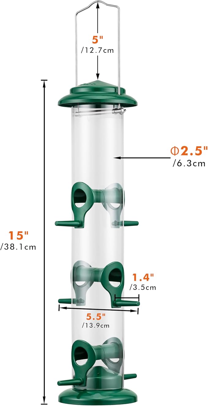 iBorn Metal Bird Feeders 6 Ports Hanging Wild Bird Seed Feeder for Mix Seed Blends, Seed Feeder, Sunflower Heart, Birdbath, Heavy Duty All Metal Green Finishing 15 Inch 6Port,Gift Box