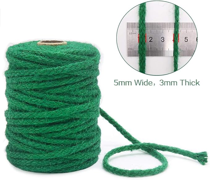 Tenn Well Green Garden Twine, 100 Feet x 5mm Wide Braided Jute Rope for Gardening, Crafting, Packing and Bundling