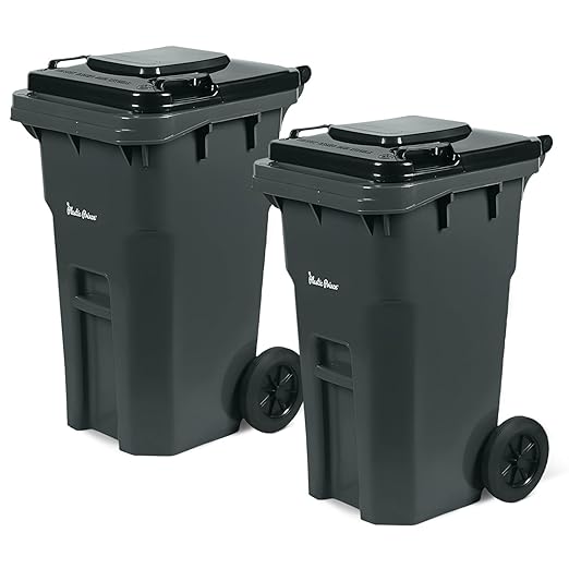 27 Gallon Outdoor Trash Can with Lid and Wheels Small Wheeled Outdoor Garbage Cans Storage Outside Heavy-Duty Rolling Trash Bin for Home Office Commercial Use, Plastic Gray 2 Pack