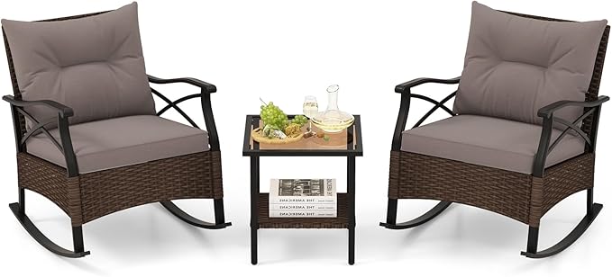 Tangkula 3 Pieces Outdoor Rocking Chairs Set, Rattan Heavy Duty Cushioned Rocker Chairs with 2-Tier Tempered Glass Coffee Table, for Garden, Balcony, Backyard