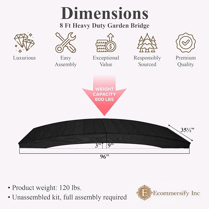 8 FT Black Amish Made Pinewood Heavy Duty Garden Bridge for Walkway, Backyard Pond & Landscaping, Outdoor Wooden Footbridge for Koi Pond, Japanese Style Decorative Bridge, Made in USA