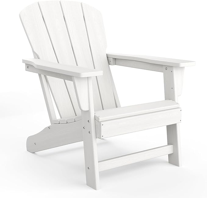 Modern HDPE Plastic Adirondack Chair - Oversize 380 LB Poly Lumber Weather Resistant Firepit Chair - Outdoor Patio Chairs with Wooden Textured for Garden, Backyard, Lawn, Deck, Pool, Porch - White