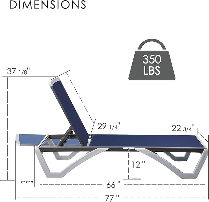 Kozyard Outdoor Chaise Lounge Chair, Full Flat Adjustable Patio Lounger with Aluminum Frame & Resin Legs, Textilene Fabric for Poolside, Backyard & Beach (NavyBlue)