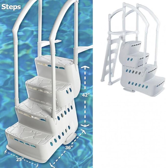 Above Ground Pool Step & Ladder System | Suitable for Swimming Pools Without A Deck | Steps Measure 42" H x 25" W x 36" D | Ladder Measures 44" H x 19" W x 24" D | 300Ibs Capacity | Pearl Grey