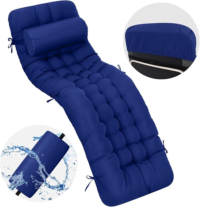 Tudomro 1 Pcs Blue 66'' Outdoor Chaise Lounge Cushion Waterproof Patio Lawn Pool Chaise Lounge Cushion with Headrest Pillow & Ties Weather Fade Resistant Replacement Longue Chair Pad