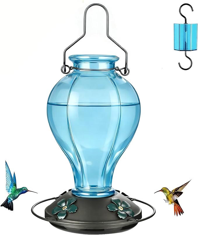 Glass Hummingbird Feeders for Outdoors Hanging, 24oz Wild Bird Nectar Feeder with Ant Moat and 360° Perch, Bee-Resistant Ports,Outside Garden Decor,Colorful Gifts for Women Mom, 1 Pack, Blue