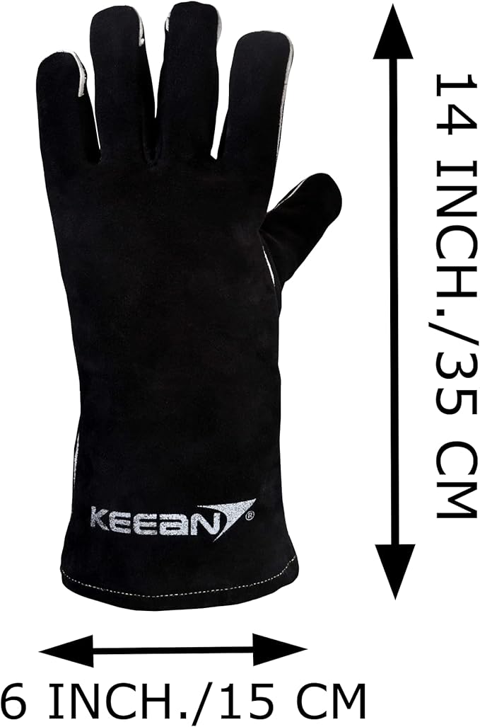 ARC/MIG 14 Inch Welding Gloves Black Heat&Fire Resistant At 500°C Leather Cut Proof Gaunlets With Kevlar Stitching, Thermal Work Safety Protective Heavy Duty, Pack Of 1