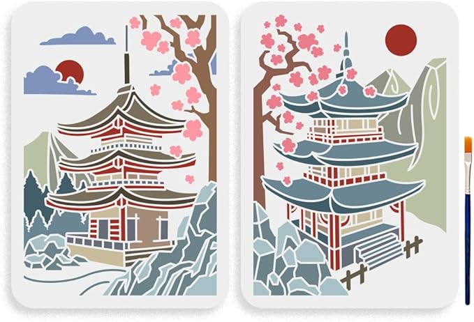 MAYJOYDIY 2pcs Japanese Zen Temple Stencil 11.7×8.3inch Large Japanese Style Temples Stencil with Paint Brush Sacred Pagoda Drawing Template for Wood Walls Canvas Furniture Crafts