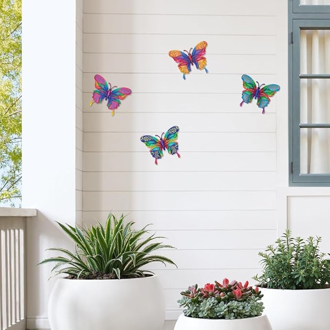 4 Pcs Butterfly Wall Decor Art, Metal Butterflies Outdoor Wall Art with Colorful Leaves, Hand Painted Outdoor Decor for Garden, Yard, Fence, Patio Decoration