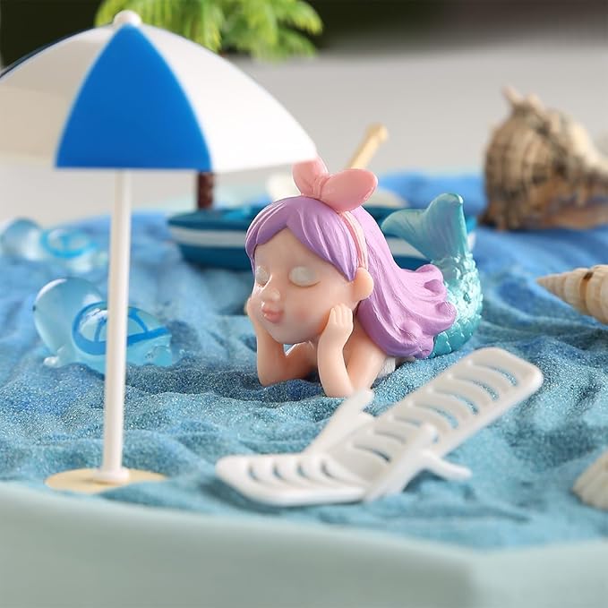 Desktop Zen Garden Kit -Ocean Themed Zen Decor Sand,Natural Shells Starfish Conch, Mermaid Resin Summer Beach Desktop Decorations,Zen Office Desktop Decoration Gift(Blue)