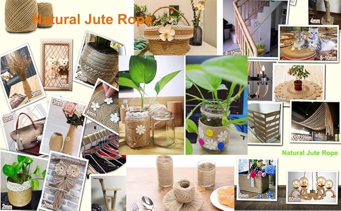 1/5 in (5 mm) X 328 FT (100 Meters) Jute Twine Rope String for Home Decorating, Cat Scratcher Post Tree, DIY Arts Crafts, Garden, Binding, Packing Material