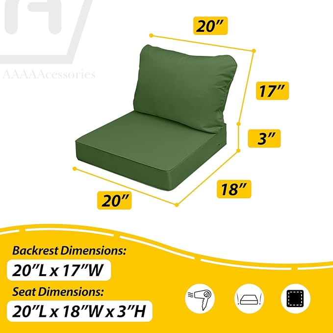 AAAAAcessories Outdoor Seat Cushions for Chairs, Fade-Resistant, Waterproof Patio Furniture Replacement Cushions, 20" x 18" x 3" + 20" x 17", Dark Moss Green