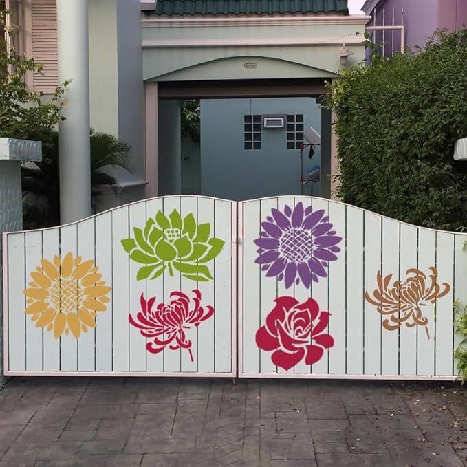 Garden Fence Large Flower Stencils - Reusable Floral Stencil DIY Decoration for Painting on Wood Walls Pattern, Jumbo Sunflower Yard Spray Paint Big Crafts Floor Stencils (E-Sunflowers+Roses)