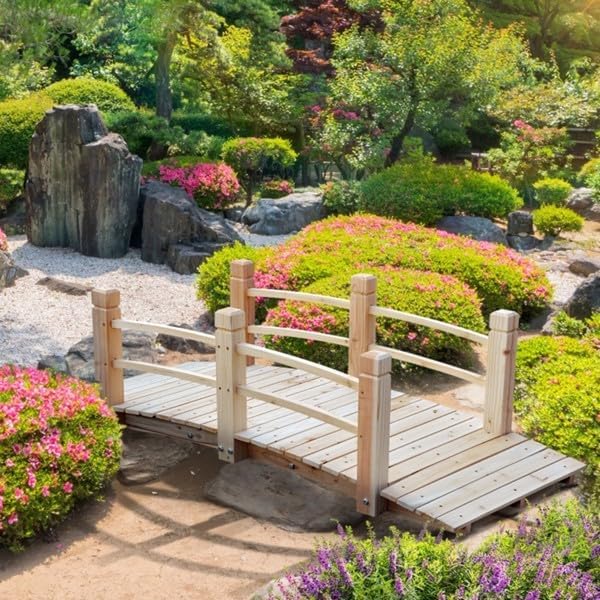 5 ft Garden Bridge, 500 LBS Capacity Arch Bridge Small Wooden Bridge with Safety Rails, Decorative Pond Landscaping, Backyard, Creek or Farm, Beige, YABEY052701