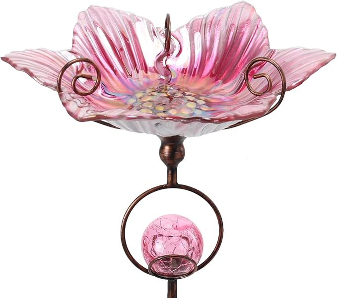 MUMTOP Glass Bird Baths for Outdoors, Flower Bird Baths Bowl with Solar Crackle Glass Globe Lights Decorations and Metal Stake for Outdoor Garden Yard Lawn Outside, Pink