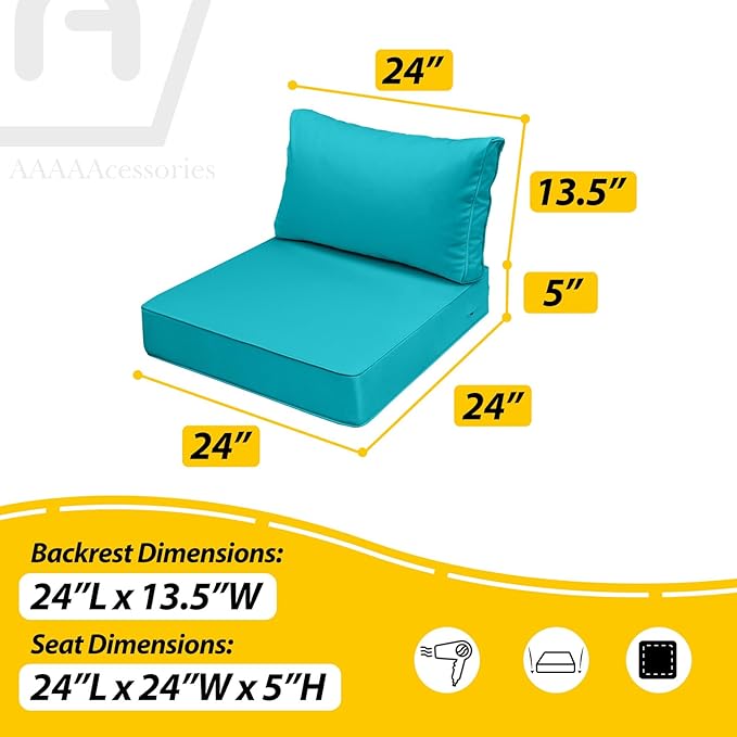 AAAAAcessories Outdoor Seat Cushions for Chairs, Fade-Resistant, Waterproof Patio Furniture Replacement Cushions, 24" x 24" x 5" + 24" x 13.5", Turquoise Blue