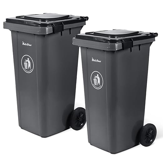 32 Gallon Trash Can with Wheels Outdoor Garbage Can with Lid and Wheels Locking Trash Can Commercial Heavy-Duty Garbage Bin Rolling, Plastic 2 Pack