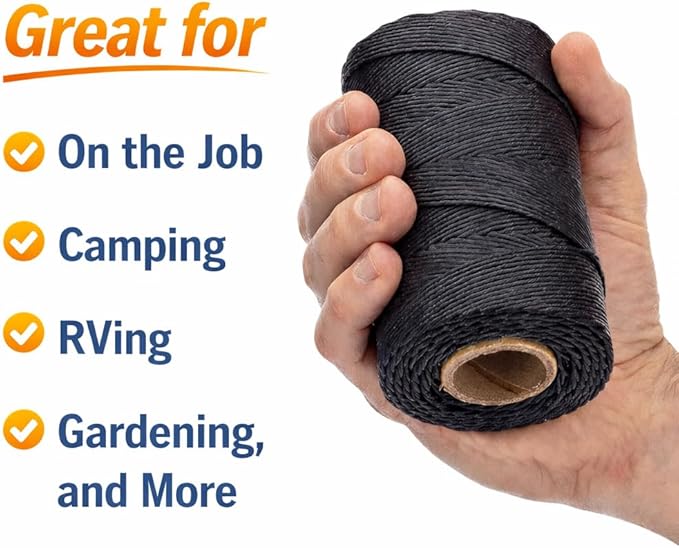 9-Ply Black Waxed Lacing Cord Twine with Dispenser Box 160 Lbs Tensile Strength (1-Roll) 500 Feet Spool 100% Polyester Cable Tie Down USA Made