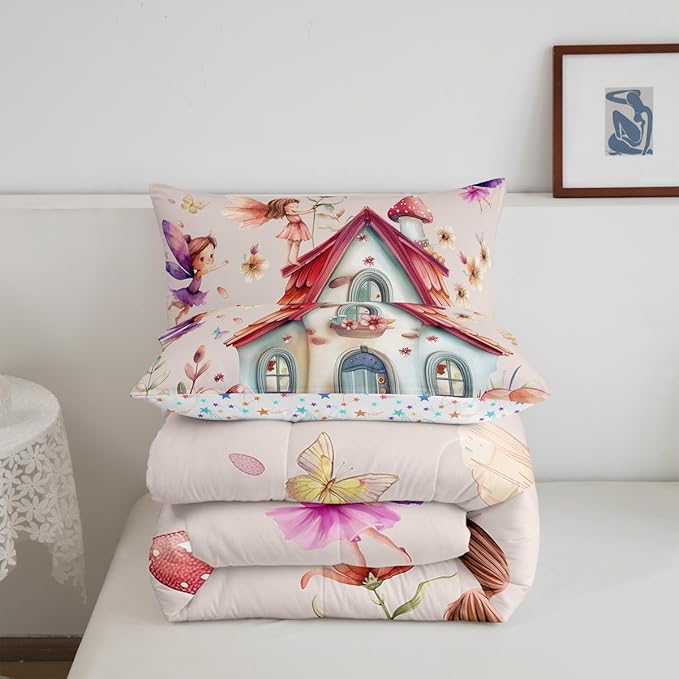 Erosebridal Floral Fairy King Comforter Set,Dreamy Fairy Garden Bedding Sets for Girls Kids,Cute Mushroom Butterfly Quilt Bed Set,Kawaii Girly Flower Bedroom Decor,2 Pillowcases All Season