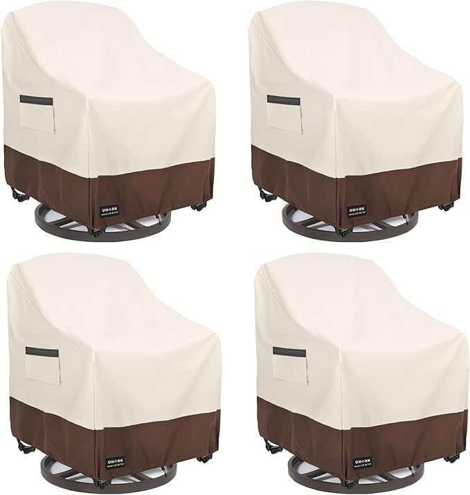 Swivel Patio Chair Cover 4 Pack, 600D Waterproof Heavy Duty Outdoor Chair Cover, Patio Furniture Covers, Outdoor Furniture Covers Waterproof, 33 W x 35 D x 36 H inches Beige and Brown