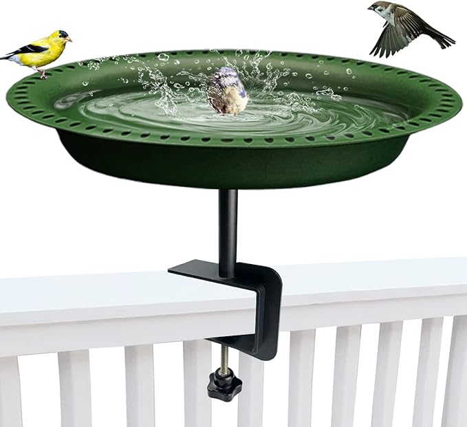 Garbuildman Deck Mounted Bird Bath Bowl Spa Birdfeeder & Adjustable Unheated Birdbath with Heavy Duty Clamp for Outdoor Garden, Oval Style, Green