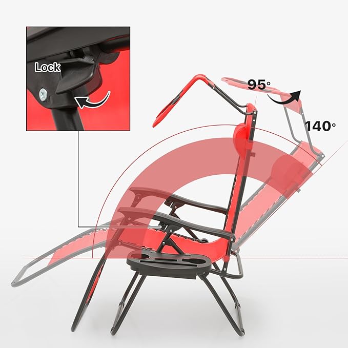 Magshion Zero Gravity Chair with Canopy Set of 2, Reclining Outdoor Patio Lounge Chair, Folding Anti Gravity Recliner, Portable Lounger with Removable Cup Holder Side Tray and Pillow Headrest (Red)