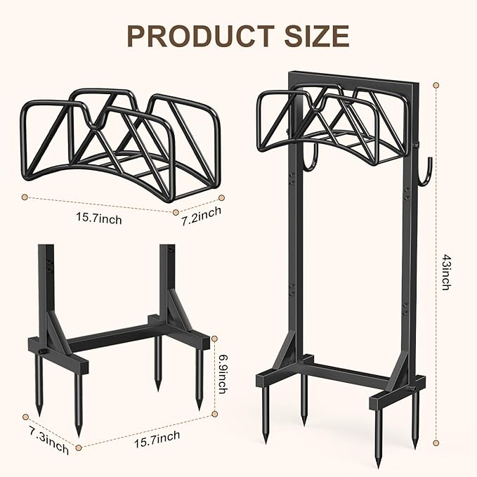 Heavy Duty Freestanding Hose Stand, Garden Water Hose Holder Rack with Tool Hooks, 4 Anchoring Spikes, Holds 150 ft for Lawn & Yard