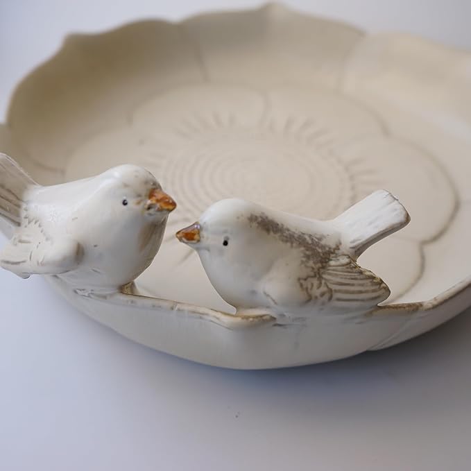 Ceramic 9.45 inch Beige Heavy Duty Ground Wild Bird Bath Bowl or Feeder for Outdoor Garden, Bowl Only