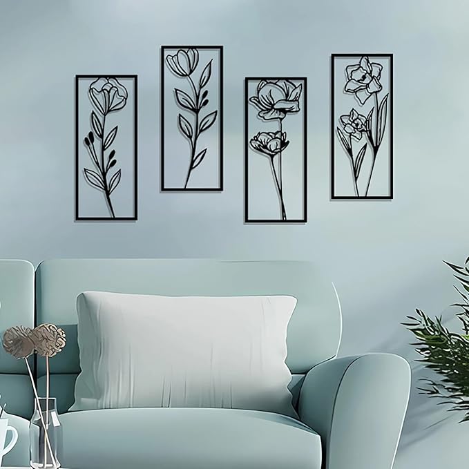 DUOOLN Metal Flowers Wall Art Decor, 4pcs Minimalism Flower Hanging Iron Decoration, Modern Plant Potted Art Sculpture Sign, Home Bedroom Bathroom Outdoor Indoor Kitchen Feature Wall-15.7x6.69in
