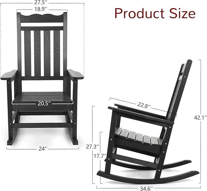 Stoog 3-Piece Oversized Rocking Chairs Set of 2 with Table, Outdoor Rocking Chair with 400 lbs Weight Capacity, All-Weather Porch Rocker for Backyard, Lawn, Patio, Garden and Indoor, Black