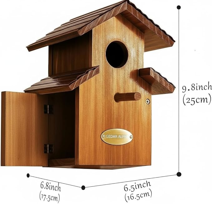Water Proof Bluebird House for Outside, 2 Layers Metal Roof Water Proof, Outdoor Lifetime Durability Solid Cedar Wood Bird House for Pole, Secure Latch, Updated 1.5" Hole Size (Comfy Mansion)