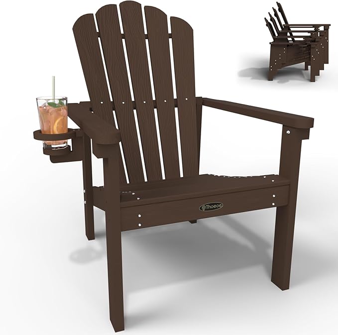 Stackable Adirondack Chair, HDPE All-Weather Adirondack Chairs - Durable and Space Saving, Plastic Outdoor Fire Pit Chairs with Cup Holder,Brown