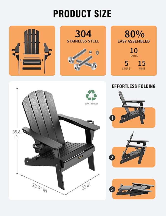 Folding Adirondack Chair Set of 4, Wooden Textured Plastic Adirondack Chairs with 2 Cup Holder, Weather Resistant HDPE Fire Pit Chair, Outdoor Patio Chairs for Garden, Backyard, Lawn, Deck, Black
