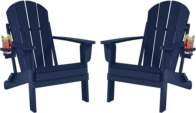 Folding Adirondack Chairs Set of 2, All-Weather Resistant HDPE Patio Firepit Chairs, Sturdy Outside Chairs with Cup Holder, Lawn Chairs, 80% Pre-Installed Load Capacity 385lb, Navy Blue