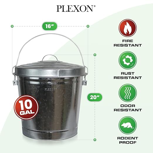 Plexon 10 Gallon Trash Can with Lid Outdoor Galvanized Metal Bucket with Locking Lid for Poultry Feed Bird Seed Storage Ash Garbage Trash Bin